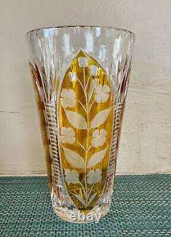 Vintage Crystal Amber Vase Floral Cut to clear around lead 10 tall large heavy