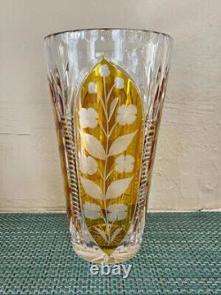 Vintage Crystal Amber Vase Floral Cut to clear around lead 10 tall large heavy