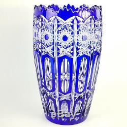 Vintage Crystal Art Glass Hand Cut Vase Cobalt Blue Cut to Clear 11.5
