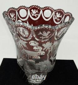 Vintage Crystal Bohemian Red Cranberry Cut To Clear Glass Turkey 10 x 8 Vase
