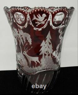 Vintage Crystal Bohemian Red Cranberry Cut To Clear Glass Turkey 10 x 8 Vase