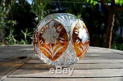 Vintage Crystal Cut Round Vase Deep Orange Flower Pattern 6.7 High