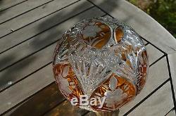 Vintage Crystal Cut Round Vase Deep Orange Flower Pattern 6.7 High