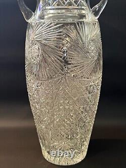 Vintage Cut Crystal Large Urn Vase withHandles, 15 1/4 Tall, 7 Widest