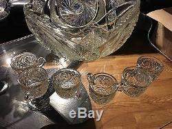 Vintage Cut Crystal Punch Bowl and 6 cups Turkish Glass