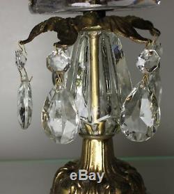 Vintage Cut crystal vase with brass Marble base with Teardrop Prisms 15 inch H