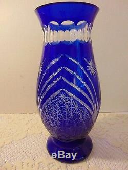 Vintage Czech Bohemian Cobalt Cut to Clear Glass Crystal Vase