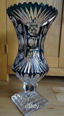 Vintage Czech Bohemian Cut to Clear Crystal Turquoise Footed Large Vase Heavy