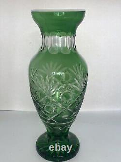 Vintage Czech Bohemian Green Cut To Clear Crystal Vase 9 1/2