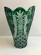 Vintage Czech Bohemian Green Cut To Clear Large Cut Crystal Glass Vase, 11 Tall