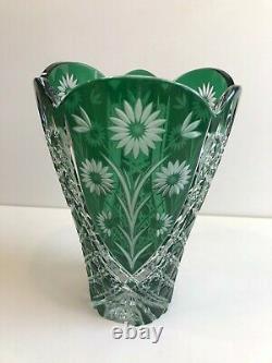 Vintage Czech Bohemian Green Cut to Clear Large Cut Crystal Glass Vase, 11 Tall