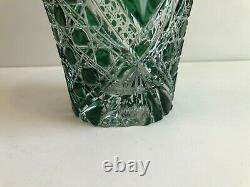 Vintage Czech Bohemian Green Cut to Clear Large Cut Crystal Glass Vase, 11 Tall