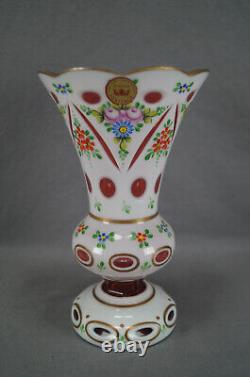 Vintage Czech Bohemian Hand Enameled Floral White Cased Cut to Cranberry Vase