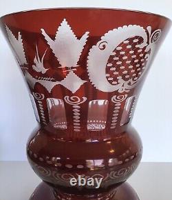 Vintage EGERMANN CZECH Republic BOHEMIAN RUBY RED Cut CRYSTAL 11 H. Glass VASE