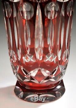 Vintage Geometric Art Deco Cranberry Red Cut to Clear Crystal Bohemian Vase