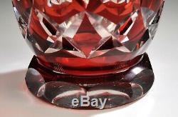 Vintage Geometric Art Deco Cranberry Red Cut to Clear Crystal Bohemian Vase