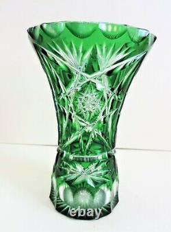 Vintage Green Bohemian Crystal Vase Cut to Clear Crystal