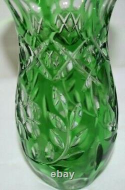 Vintage Green Hand Flower Cut To Clear Crystal Bohemian Czech Art Glass Vase