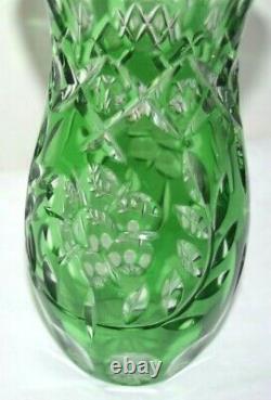 Vintage Green Hand Flower Cut To Clear Crystal Bohemian Czech Art Glass Vase