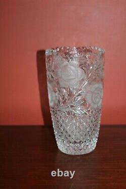 Vintage Hand-Cut Lead Crystal Flower Vase, Heavy Glass Etched 10 Tall
