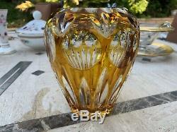 Vintage Heavy Bohemian Crystal Gold Cut to Clear Vase 6 Tall Beautiful