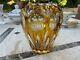 Vintage Heavy Bohemian Crystal Gold Cut To Clear Vase 6 Tall Beautiful
