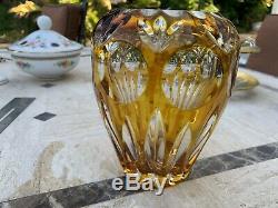 Vintage Heavy Bohemian Crystal Gold Cut to Clear Vase 6 Tall Beautiful