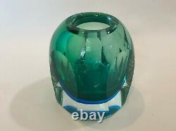 Vintage Heavy Green Rock Crystal Art Cut Glass Vase, 4 1/2 Tall, 4 Widest