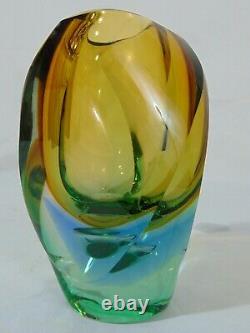 Vintage KOSTA Sweden Blue Amber Seafoam Green Cut Art Glass Mirage VASE 0763 7