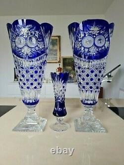 Vintage Large 41.5cm Cobalt Blue Bohemian Cut Crystal Vases set of 3! Excellent