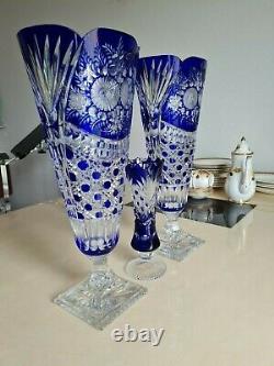 Vintage Large 41.5cm Cobalt Blue Bohemian Cut Crystal Vases set of 3! Excellent