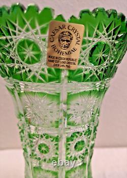 Vintage Large 8 CAESAR CRYSTAL Czech Green Vase Hand Cut