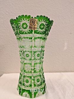 Vintage Large 8 CAESAR CRYSTAL Czech Green Vase Hand Cut