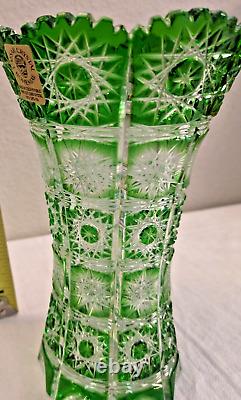 Vintage Large 8 CAESAR CRYSTAL Czech Green Vase Hand Cut