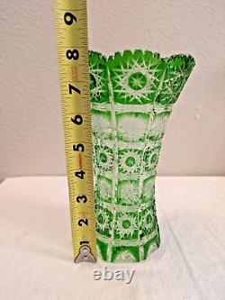 Vintage Large 8 CAESAR CRYSTAL Czech Green Vase Hand Cut