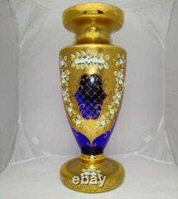 Vintage Large Bohemian Czech Cobalt Blue Enamel Hand Cut Crystal Vase 20 Tall