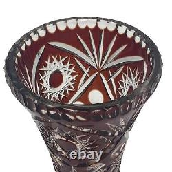 Vintage Large Cut Crystal Vase in Cranberry Red Ornate Motifs