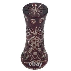 Vintage Large Cut Crystal Vase in Cranberry Red Ornate Motifs