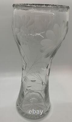 Vintage Large Flower Vase Hand-cut Lead Crystal Decorative Etched Heavy Glass
