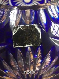 Vintage Large Round Cobalt Cased Crystal Cut To Clear Rose Bowl Vase Poland 9