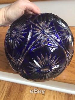 Vintage Large Round Cobalt Cased Crystal Cut To Clear Rose Bowl Vase Poland 9