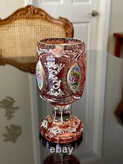 Vintage MOSER Bohemian Highly Ornate CRANBERRY Cut to Clear Crystal Vase 7 Exc