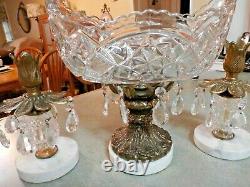 Vintage Marble/brass Cut Crystal Compote Centerpiece With Candle Holders /prisms