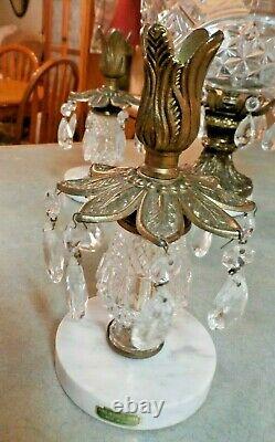 Vintage Marble/brass Cut Crystal Compote Centerpiece With Candle Holders /prisms