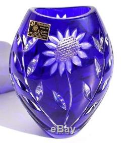 Vintage Margaret W. Germany Hand Cut Cobalt Blue Lead Crystal Vase Sunflower