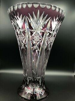 Vintage Mid Century Bohemian Cut Crystal Purple Vase, 12 1/2 Tall, 8 3/4 Dia