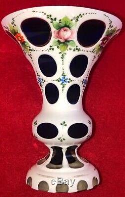 Vintage Moser Cobalt Cut To White Crystal Hand Painted Bohemian Art Glass Vase