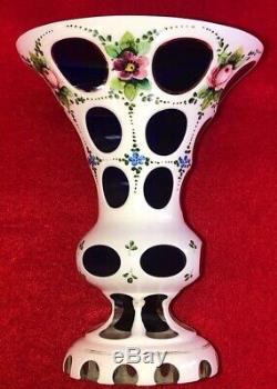 Vintage Moser Cobalt Cut To White Crystal Hand Painted Bohemian Art Glass Vase