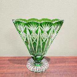 Vintage Nachtmann Bohemian Cut To Clear Crystal 6.5 Green Fan Vase