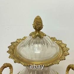 Vintage Pair of Clear Italian Cut Crystal Vases With Gilt Bronze Mounts